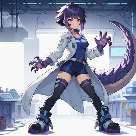 score_9, score_8_up, score_7_up, score_6_up, 1girl, Anime artstyle, An scifi dinosaur scientist, human face, clawed boots, clawed hands, large tail, short female, dressed in lab coat, heavy coat, full body art, heavy boots, anime art, confident expression,...