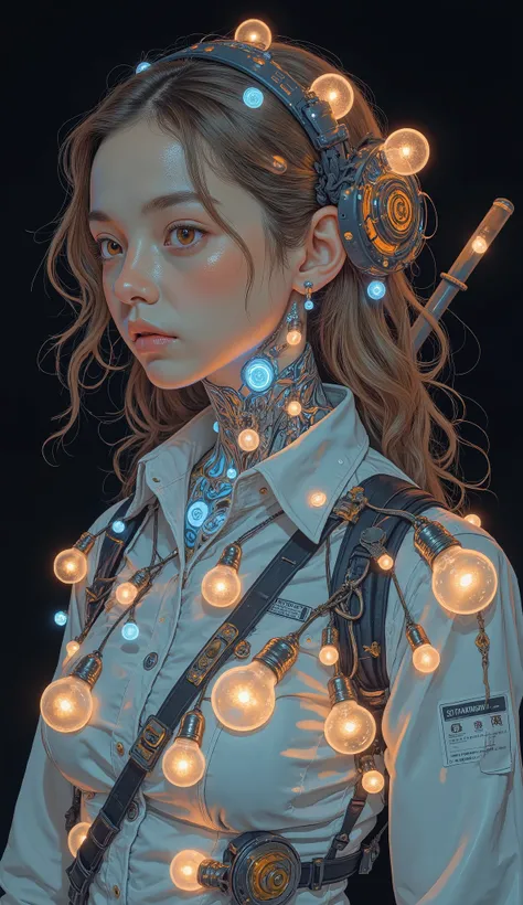 painting of a woman with a head with countless light bulbs and a black background, manabu ikeda, inspired by Ross Bleckner, An energetic woman whose whole body is covered by countless light bulbs, by Chiho Aoshima, Naoya Tanaka, Yoshitaka Amano, Protective...