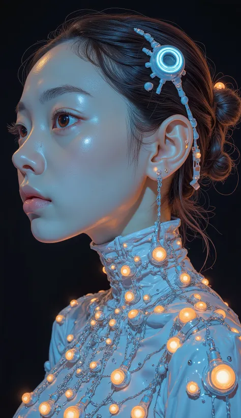 painting of a woman with a head with countless light bulbs and a black background, manabu ikeda, inspired by Ross Bleckner, An energetic woman whose whole body is covered by countless light bulbs, by Chiho Aoshima, Naoya Tanaka, Yoshitaka Amano, Protective...
