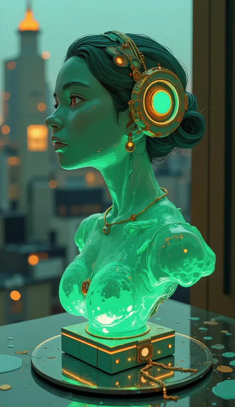 A beautiful bust for women roughly carved and carved from a beautiful emerald with intricate geometric facets, Using a gemstone base and shining gold accents, Softly illuminated mirror image with light included、For an elegant display.