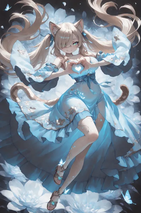 (masterpiece, best quality), amazing quality, very aesthetic, absurdres, extremely detailed face and eyes, delicated features, large anime eyes, long eyelashes, 1girl, black-footed cat girl, skin fangs, cat ears, animal ear fluff, tail, light brown hair, very long hair, twintail, hair over right eye, expressive emerald eyes, large breasts, petite, curvy, cute, beautiful, shy, porcelain skin, frills, ribbons trims, red trims, embroidery, gemstones embedding, elegant gown, glowing dress, detached sleeves, long sleeves, wide sleeves, bare shoulders, pastel blue dress, flower sandals, fantasy fashion, intricate clothes, intricate accessories, intricate ornaments, intricate patterns, stylish, elegant, solo, full_body, looking_at_viewer, smile, closed_mouth, (((dynamic pose, floating))), knee bend, hand heart, (dynamic angle), foreshortening, magical, butterflies, soft light, soft shading, minimalist details, bold_primary_colors, moody colors, high_contrast, intricate_details, vibrant color palette, dreamlike atmosphere, glowing, neon, ink painting, translucent light, petals, swirling, floral background, black theme, blue theme, white theme, dramatic, dramatic lighting, dramatic shadows, cinematic, cinematic lighting, cinematic shadows, cinematic composition,