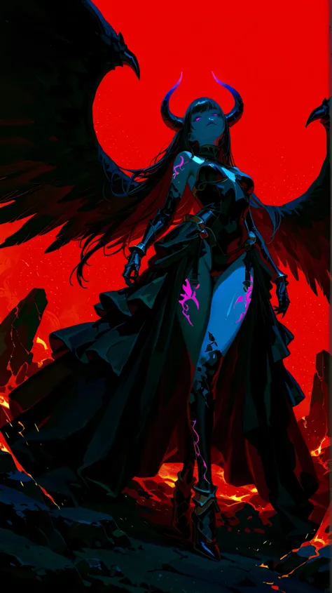 A seductive demonic woman standing triumphantly on top of a massive pile of cracked, bloodstained skulls. She has glowing red or violet eyes, sharp horns, long flowing dark hair, and dark wings or a flaming aura. Her outfit is revealing yet elegant—black l...