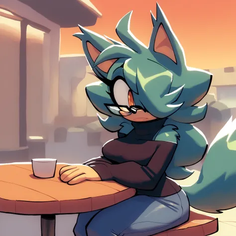 (Hair bangs over one eye), long hair, shoulder length hair, hair tips curved up, messy hair, Mobian Wolf, 1girl, (wolf), (fluffy ears), (wolf tail), bigdad/character, (Mobian), ((teal fur)), fuzzy muzzle, black sweater, turtleneck sweater, (boob window), s...