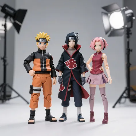 drawing three realistic figures，Uzumaki Naruto in the Hokage costume，Uchiha Sasuke in the Akira costume，There are also Haruno Sakura，three people standing side by side，studio lights，simple background