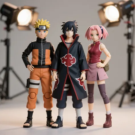 drawing three realistic figures，Uzumaki Naruto in the Hokage costume，Uchiha Sasuke in the Akira costume，There are also Haruno Sakura，three people standing side by side，studio lights，simple background