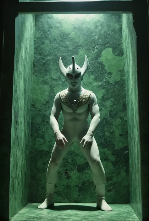 male focus,1boy,photo quality,glass chamber,green stone statue,man standing in a pose that looks like he is about to move,ULTRAMANTARO helmet on head (two horns, cockscomb),body is a thin male body,extremely toned body with slender limbs,whole body,standin...