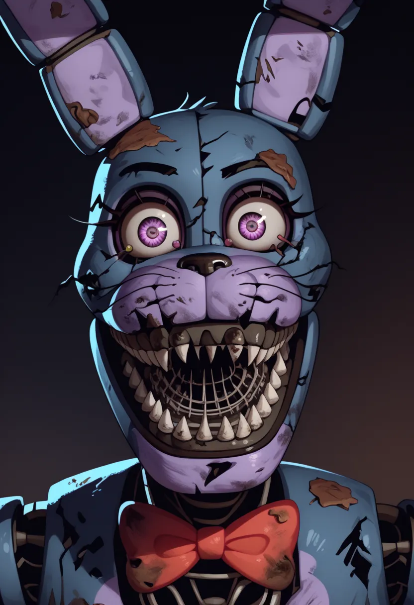 Bonnie's nightmare, Cortex, dirty, evil smile, ,   scary  (the subject), dark Web style ,  Female, her eyes are orange, and her color is dark blue to purple 