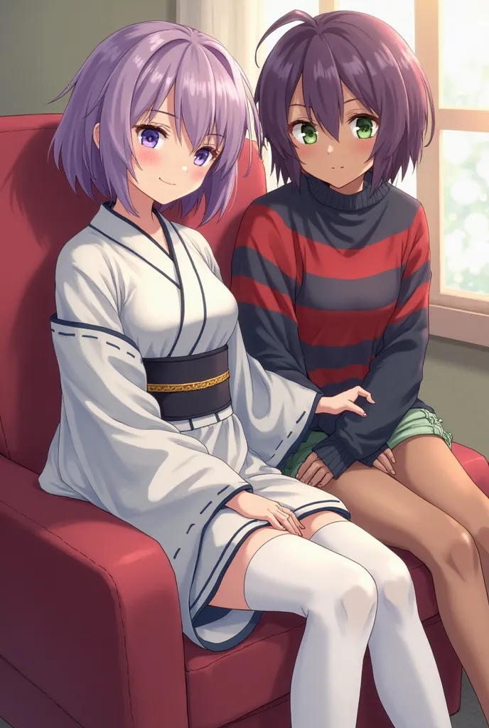 Generate an image of a female anime character with short lilac hair, con ojos morados y brown skin, wearing a white and gray kimono, that the character is sitting in a red armchair and that next to it there is another female anime character who has short purple hair, green eyes, brown skin, that wears a red and blue sweater, with light green shorts and that has white leggings 