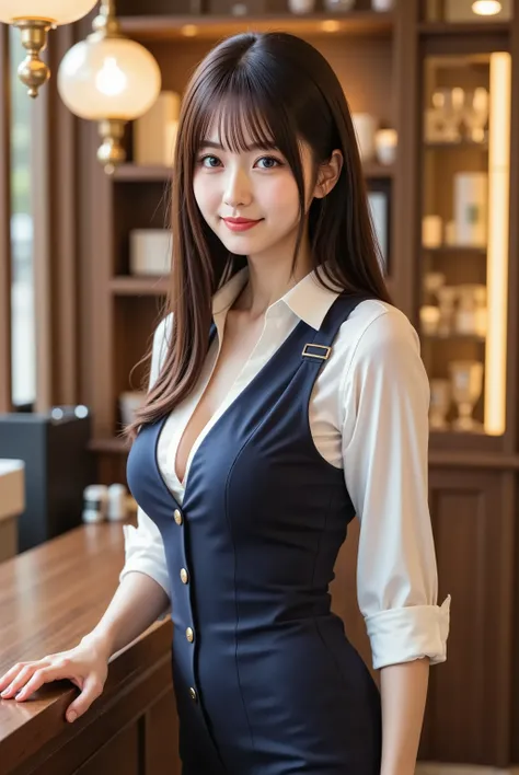 A beautiful young Japanese woman standing elegantly behind a polished wooden bar counter with both hands gracefully positioned on the countertop, her left hand placed slightly forward while her right hand rests naturally beside it, maintaining perfect post...