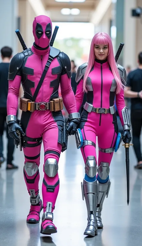 character: 1 man with mask full head wearing futuristic pink Deadpool body suit with silver armor futuristic blue accents , and 1 woman pink hair Long Bangs Wearing futuristic pink Deadpool body suit with silver armor futuristic blue accents. Their facial...