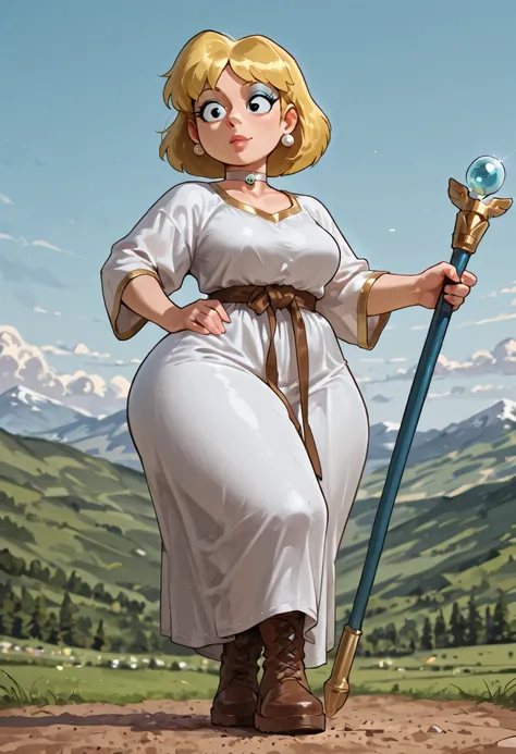 Lori Loud. medium breasts, huge hips, blonde hair, black eyes, blue eyeshadow, pearl earrings, white earrings. choker.| riding on a,wide mountain background,amazing white robe wizard Gandalf holding his shining staff riding a white horse stepping towards t...