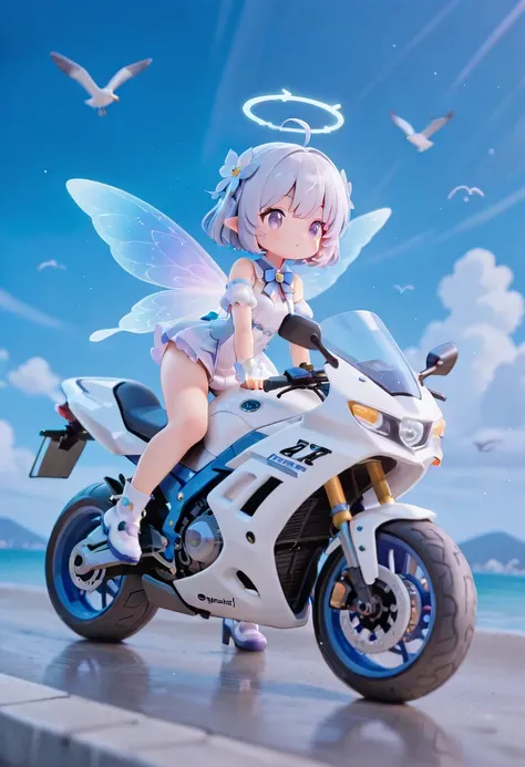 masterpiece, top quality , with a perfect face, highest resolution, 8k, amazing quality, detailed eyes, Clear eyes, 1girl, solo, repochi, fairy wings, Figure style, Ride legendary vehicles, ride a half-machine seagull phantom beast, The girl who drives, Seagull-shaped motorbikeを運転する, Seagull-shaped motorbikeに乗る, Seagull-shaped motorbike