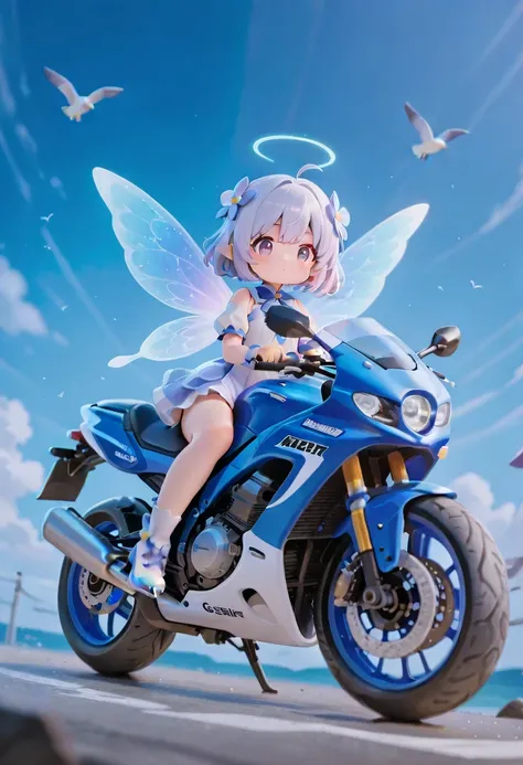 masterpiece, top quality , with a perfect face, highest resolution, 8k, amazing quality, detailed eyes, Clear eyes, 1girl, solo, repochi, fairy wings, Figure style, Ride legendary vehicles, ride a half-machine seagull phantom beast, The girl who drives, Seagull-shaped motorbikeを運転する, Seagull-shaped motorbikeに乗る, Seagull-shaped motorbike