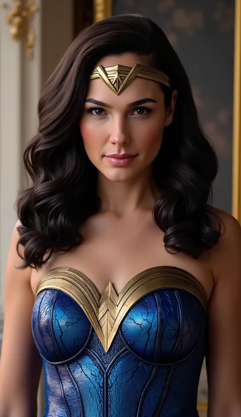 Make Gal Gadot hyperrealistic dressed in luxurious blue clothing in a luxurious place hyperrealistic background, upper body in 8k
