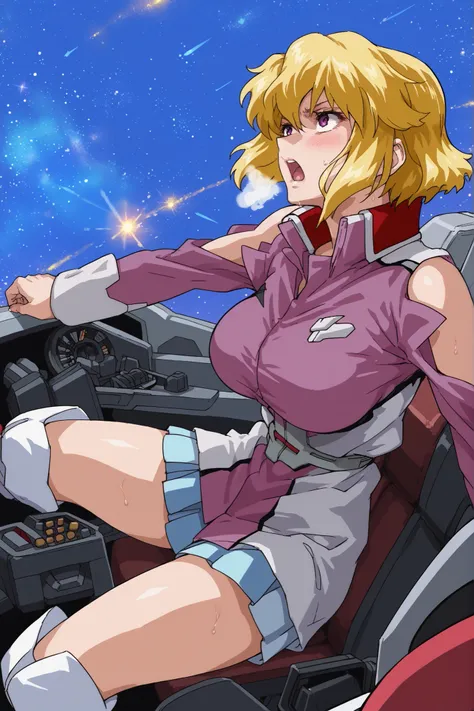 score_9,score_8_up,score_7_up,score_6_up,score_5_up,score_4_up,anime coloring,source_anime,anime screencap,stella,1girl,solo,purple eyes,blonde hair,short hair, pink jacket,shoulder cutout,blue one-piece,thigh boots,portrait, solo, be shy of, blush, huge b...