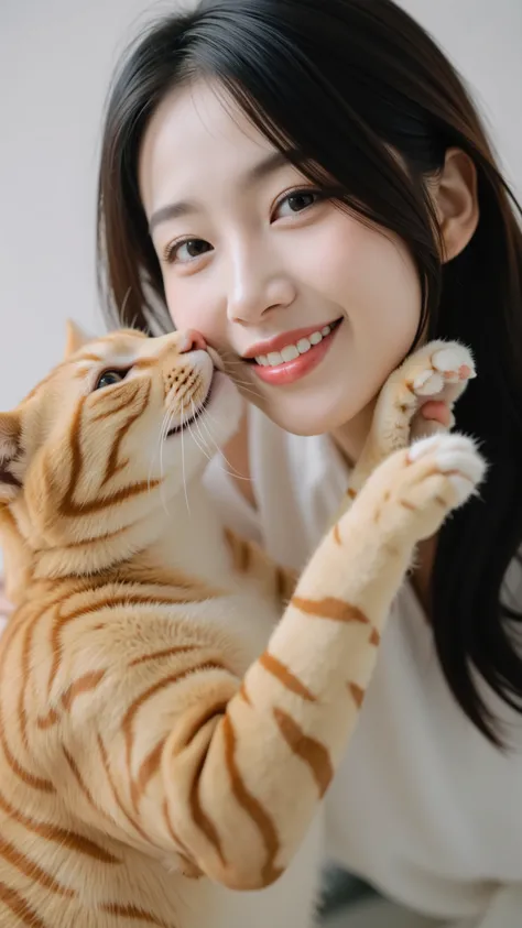 The close-up photo shows、captures the face of a happy Japanese woman receiving a playful punch from the orange tiger cat's forefoot. The woman has dark hair and 、against a soft background, Blurry neutral background. the cat's outstretched legs directly tou...