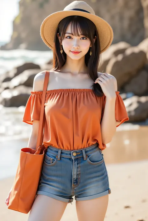 A beautiful young Japanese woman standing gracefully on a sandy beach with her left hand delicately positioned near her face, gently touching and holding a section of her braided hair that falls over her shoulder, while her right hand carries a vibrant ora...