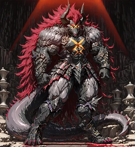solo, full body, from front, standing, BREAK Batzz, demon lord dragon batzz, BREAK dark red hair, waist-length hair, glossy, hair, silky hair, soft hair, Two huge horns twisted distorted, BREAK big eyes, slant eyes, round eyes, ruby and yellow eyes, lookin...
