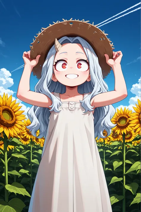 1 girl, solo, normal person, smiling, looking at the viewer,
Academia Eri, 
Eri, long hair, red eyes, white hair, horns, one horn,
(masterpiece, best quality, very high resolution), masterpiece, high resolution, perfect anatomy, anime style, anime screensh...