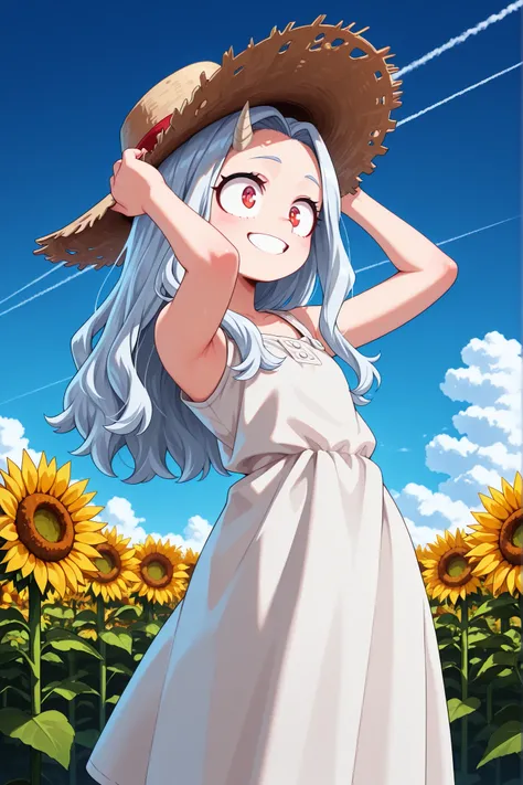 1 girl, solo, normal person, smiling, looking at the viewer,
Academia Eri, 
Eri, long hair, red eyes, white hair, horns, one horn,
(masterpiece, best quality, very high resolution), masterpiece, high resolution, perfect anatomy, anime style, anime screensh...