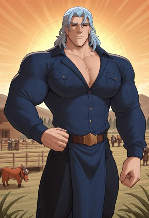 w0lfc0nf, Allein, male focus, erwachsener Mann, blaue Augen, kurzes Haar, braunes Haar, Vollbart, nur Hose, oben ohne, Bauer, Strohhut, mit Mistgabel, sexy, Schlafzimmeraugen, mischievous towards the observer, muscular, big PECS, breite Schultern, Hand in ...