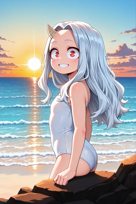 1 girl, solo, normal person, smiling, looking at the viewer,
Academia Eri, 
Eri, long hair, red eyes, white hair, horns, one horn,
(masterpiece, best quality, very high resolution), masterpiece, high resolution, perfect anatomy, anime style, anime screensh...