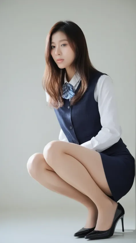 low-angle full-body shot from below, dramatic upward perspective, a beautiful Japanese office lady resembling , Shinohara Ryoko, squatting on an office, not facing the camera directly, head slightly turned, soft expression, navy checkered buttoned vest, wh...