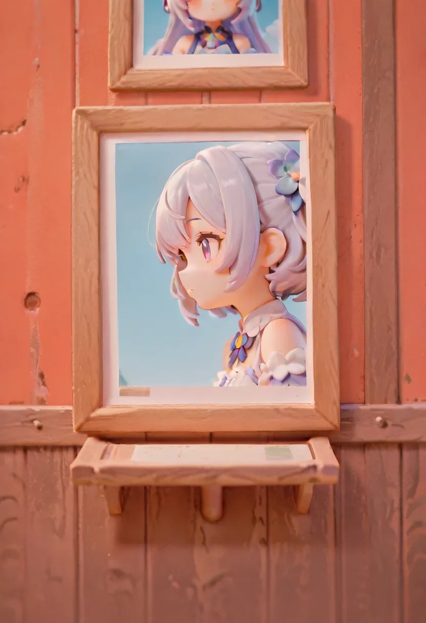masterpiece, top quality , with a perfect face, highest resolution, 8k, amazing quality, detailed eyes, Clear eyes, 1girl, solo, repochi, Figure style, get on, stuck in wall, upper body only, lower body with profile, photo \(object\),

