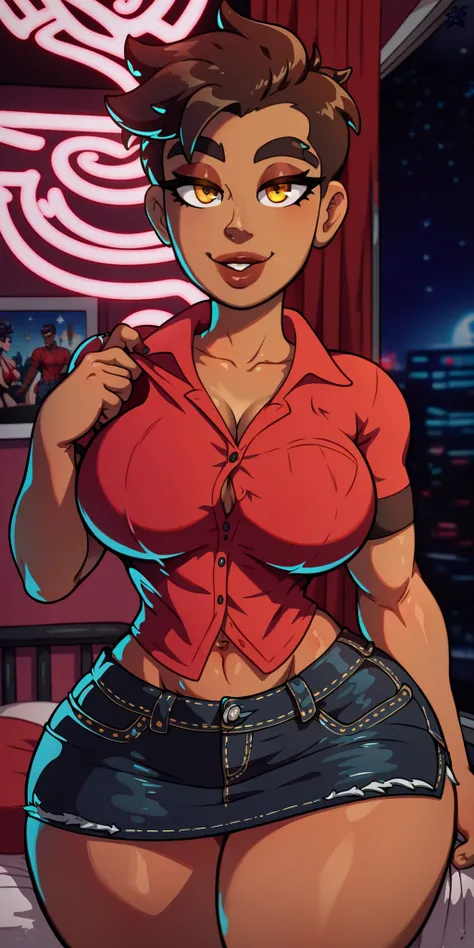 4K Quality, ((sexy smile)), ((black denim skirt)), (brazillian dark skinned tomboy), wide hips, (brazillian haair cornrolls), amber eyes, thick eyebrows, ((dark skinned)), ((red shirt)), toned body, ((thick thighs)), big breasted, (big ass), (facing the vi...