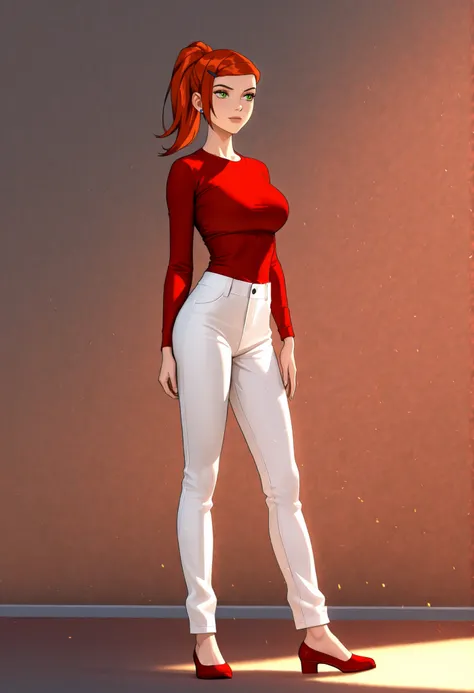 A full body stunning female character inspired by Gwen Tennyson in an alternate universe, 36 years old, not a cousin. She has long, flowing red hair, ponytail hairstyle and striking emerald green eyes. Her face is beautiful with sharp features and a confid...