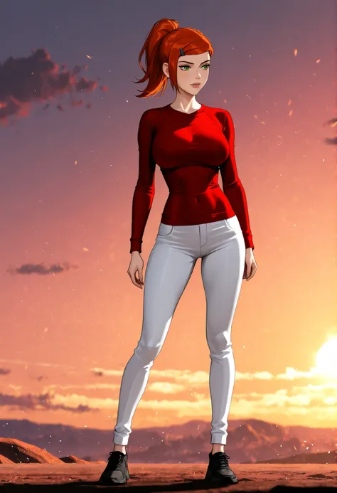 A full body stunning female character inspired by Gwen Tennyson in an alternate universe, 36 years old, not a cousin. She has long, flowing red hair, ponytail hairstyle and striking emerald green eyes. Her face is beautiful with sharp features and a confid...