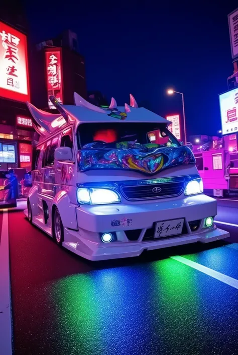 photo-realistic cinematic image of a Japanese minivan in full vanning-style speeding through a neon-lit urban expressway at night, viewed from a low front three-quarter angle, showcasing exaggerated aero parts, glowing underglow, and metallic paint

the mi...