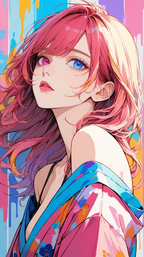 2d, flat illustration, line art, simple line, rough sketch, tegaki, hand drawn, part colored, rough paint, overflowing paint, mural style, full of vivid paint colors, 1 girl, pretty girl, heterochromia, melancholy beauty, portrait, multicolored medium leng...