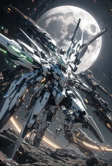 Freedom Gundam 、 Hyperrealism Art BJ _ Japanese Anime 、alone , green_eye , Aircraft color_ white ,青いMechaウイング , holding , weapons , holding_ gun , no _human , Shine , robot ,Mecha , flying , science_ fiction , Cinematic Light , strong contrast , high imag...