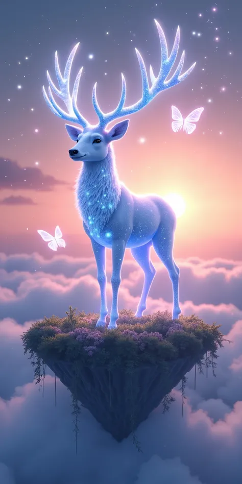 A celestial stag of pure light, its antlers branching like crystalline galaxies, standing gracefully on a floating island above the clouds at twilight. Its fur glows with soft bioluminescent patterns, and butterflies made of stardust flutter around it. The...