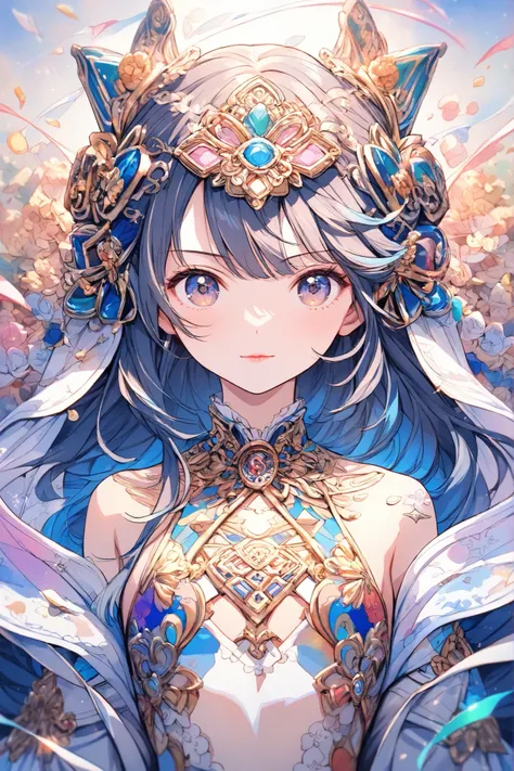 masterpiece,top quality,Super Detailed,8k,watercolor colorful upper body lift One Piece girls 灰色の髪 light ribbon pop, (flat chest:0.8)