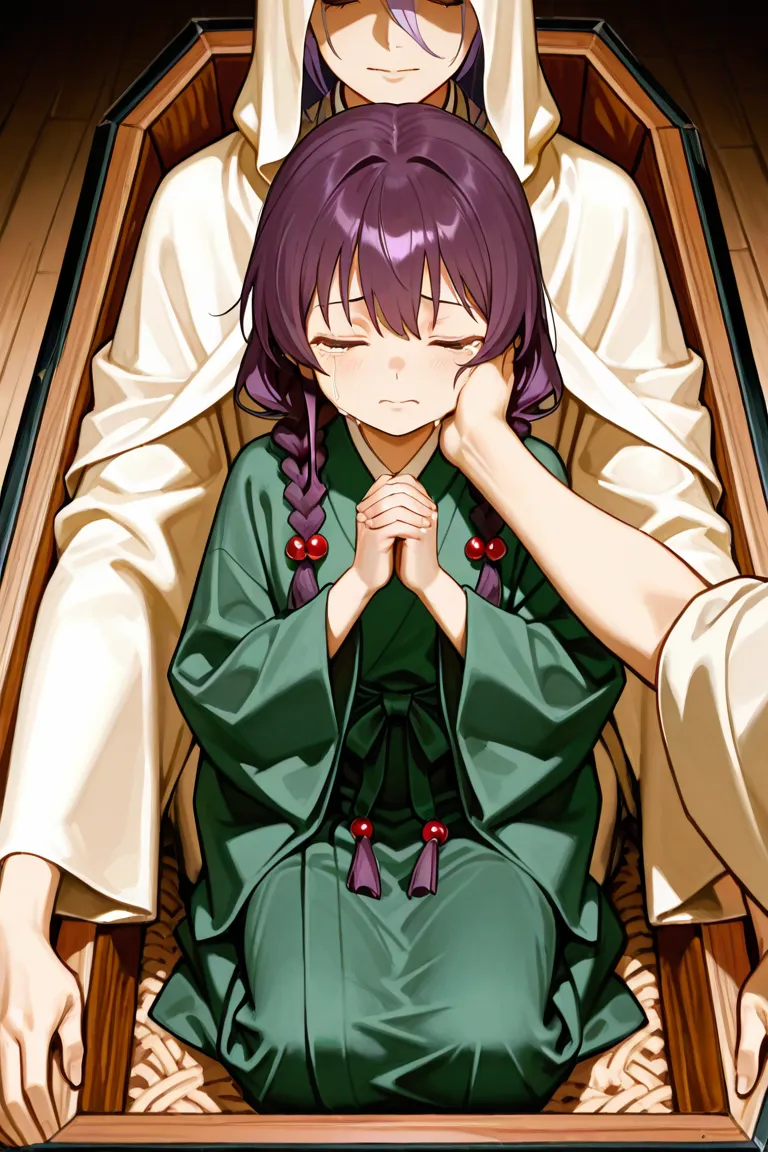 A traditional anime-style scene set in ancient China during a funeral. In the foreground, a sorrowful young nobleman with long, flowing purple hair and a dark plum-colored robe kneels beside an open wooden coffin. Inside the coffin lies a young East Asian girl with fair skin, closed eyes, and twin braids tied with red beads, dressed in green Hanfu-style funeral garments. She appears peacefully asleep, her expression serene and dignified. The young man, visibly weeping, gently holds her cheek with one hand, his face twisted in grief and desperation as tears stream down his face. Behind them, several mourners in simple white mourning robes with gray waist sashes and white veils stand in silent reverence, heads bowed, hands clasped. The background is softly lit with earthy sepia tones, evoking a somber, sacred atmosphere filled with quiet mourning and emotional weight.死んだ下女の葬式　下女は棺桶の中で眠っている　下女の棺桶に寄り添う悲しそうな男性