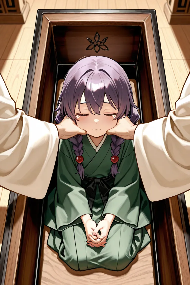 A traditional anime-style scene set in ancient China during a funeral. In the foreground, a sorrowful young nobleman with long, flowing purple hair and a dark plum-colored robe kneels beside an open wooden coffin. Inside the coffin lies a young East Asian girl with fair skin, closed eyes, and twin braids tied with red beads, dressed in green Hanfu-style funeral garments. She appears peacefully asleep, her expression serene and dignified. The young man, visibly weeping, gently holds her cheek with one hand, his face twisted in grief and desperation as tears stream down his face. Behind them, several mourners in simple white mourning robes with gray waist sashes and white veils stand in silent reverence, heads bowed, hands clasped. The background is softly lit with earthy sepia tones, evoking a somber, sacred atmosphere filled with quiet mourning and emotional weight.　下女が棺桶の中で横になり眠る様子　下女したいのそばで悲しむ男性　下女は三つ編みをやめて、肩くらいの長さの髪の毛にして　下女は死んでいるので、座りません。横になって寝ています
