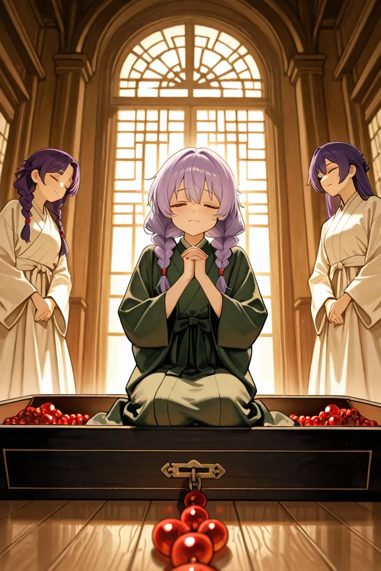 A traditional anime-style scene set in ancient China during a funeral. In the foreground, a sorrowful young nobleman with long, flowing purple hair and a dark plum-colored robe kneels beside an open wooden coffin. Inside the coffin lies a young East Asian girl with fair skin, closed eyes, and twin braids tied with red beads, dressed in green Hanfu-style funeral garments. She appears peacefully asleep, her expression serene and dignified. The young man, visibly weeping, gently holds her cheek with one hand, his face twisted in grief and desperation as tears stream down his face. Behind them, several mourners in simple white mourning robes with gray waist sashes and white veils stand in silent reverence, heads bowed, hands clasped. The background is softly lit with earthy sepia tones, evoking a somber, sacred atmosphere filled with quiet mourning and emotional weight.　亡くなった下女の抜け殻を、棺桶から抱き上げている男性のイラスト　男性は悲しみの涙