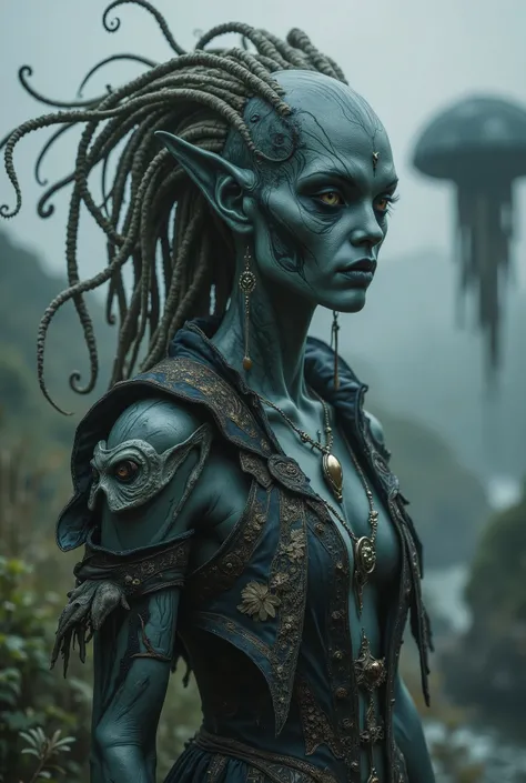 view from height,full-body-shot,obsidian The Alien Entity Moana, sassiness temper,natural jellyfish's skin textures, hyper realisitc, hyper detailed,Extremely detailed,High contrast, ,Realistic,Ultra Detailed,intricate details,realistic humid skin,extremel...
