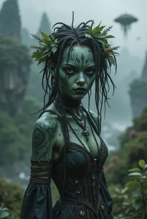 view from height,full-body-shot,obsidian The Alien Entity Moana, sassiness temper,natural jellyfish's skin textures, hyper realisitc, hyper detailed,Extremely detailed,High contrast, ,Realistic,Ultra Detailed,intricate details,realistic humid skin,extremel...