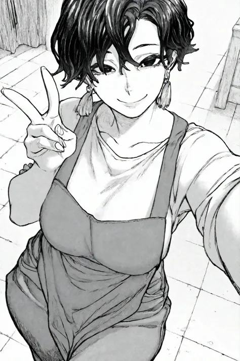 1girl, solo, v, smile, looking at viewer, selfie, 
black hair, black eyes, short hair, loose wavy hair, earrings, apron, white shirt, pants, milf,
masterpiece, best quality,  atucag, monochrome, greyscale, 