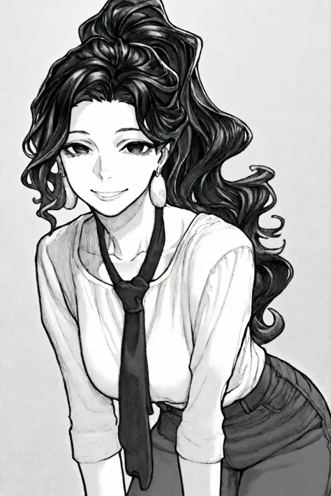 1girl, solo, leaning forward, smile, looking at viewer, black hair, black eyes, shoulder length hair, loose wavy hair, ponytail, earrings, tie, white shirt, pants, milf,
masterpiece, best quality,  atucag, monochrome, greyscale, 