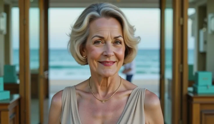 A confident woman in her 60s stands on the beach with a stunning ocean view behind her (full body shot). A wide shot of the iconic Tiffany & Co. storefront, its glass glowing softly with elegant lighting. A stylish woman in her 60s, wearing a champagne-col...