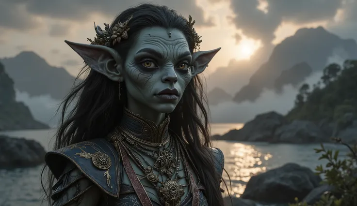 view from height,full-body-shot,obsidian The Alien Entity, half-Moana, sassiness temper,natural leather textures, hyper realisitc, hyper detailed,Extremely detailed,High contrast, ,Realistic,Ultra Detailed,intricate details,realistic humid skin,extremely i...
