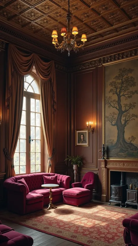 Hyper-realistic digital painting: opulent, antique drawing-room, late 19th/early 20th-century Western mansion, Japanese art hints (e.g., Murin-an). Exceptionally high, ornate coffered ceiling, intricate gold patterns. Rich dark wood panelled walls; one features large traditional Japanese painted mural of ancient tree. Tall windows, heavy luxurious drapes (deep warm color). Patterned vintage carpet. Style: cinematic realism, historical museum quality, Art Nouveau/Japonisme touches; overwhelmingly detailed, grand, historic, preserved elegance. Medium: hyper-realistic; textures (aged wood, plush velvet, ceiling details, mural brushwork), soft light. Furniture: deep magenta/crimson velvet sofa set, small cloth-covered table. Vintage stove/cabinet in corner. Composition: wide-angle from room corner, capturing ceiling height and room expanse. Furniture forms cozy focal point. Lighting: warm, atmospheric from antique chandelier/ceiling fixture with glowing lampshades. Soft ambient light via drapes (dim exterior/night). Enhances rich tones, intimacy. Colors: warm browns, deep golds, antique brass from woodwork, ceiling, lighting. Magenta/crimson sofa a striking accent. Muted earthy tones in carpet, mural. Rich, cohesive, aged opulence. Mood: grand, historic, intimate, slightly melancholic, overwhelmingly rich in detail. Quiet, preserved elegance. Japanese mural adds unique cross-cultural artistic intrigue. Tangible atmosphere, inviting viewer into this meticulously detailed historical space.
