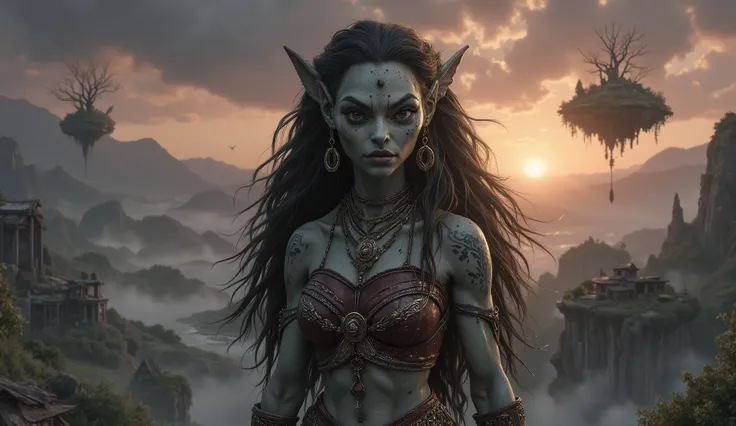 view from height,full-body-shot,obsidian The Alien Entity, half-Moana, sassiness temper,natural leather textures, hyper realisitc, hyper detailed,Extremely detailed,High contrast, ,Realistic,Ultra Detailed,intricate details,realistic humid skin,extremely i...