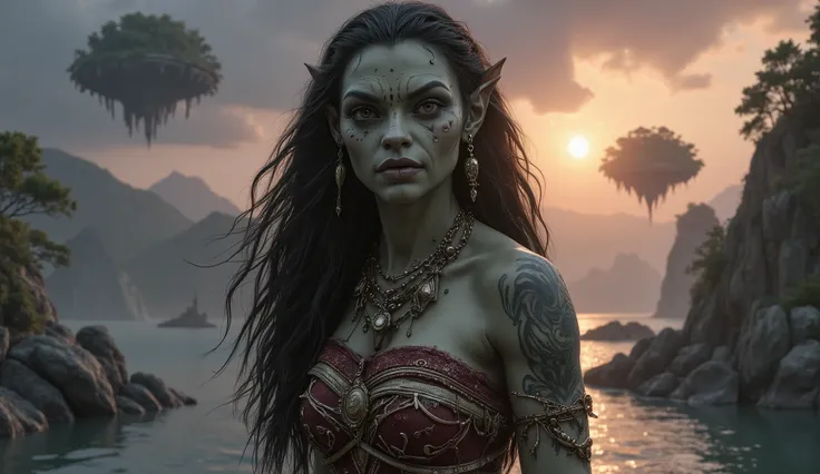view from height,full-body-shot,obsidian The Alien Entity, half-Moana, sassiness temper,natural leather textures, hyper realisitc, hyper detailed,Extremely detailed,High contrast, ,Realistic,Ultra Detailed,intricate details,realistic humid skin,extremely i...