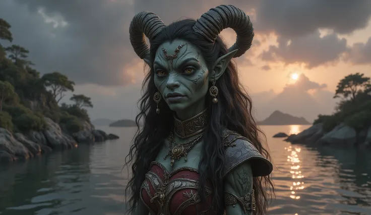 view from height,full-body-shot,obsidian The Alien Entity, half-Moana, sassiness temper,natural leather textures, hyper realisitc, hyper detailed,Extremely detailed,High contrast, ,Realistic,Ultra Detailed,intricate details,realistic humid skin,extremely i...