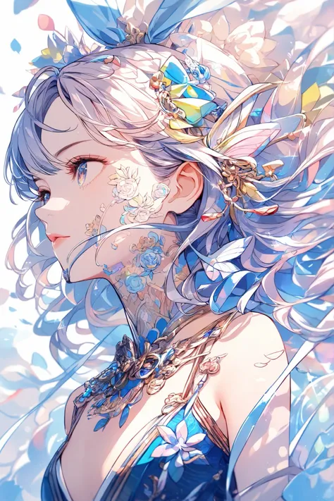 masterpiece,top quality,Super Detailed,8k,watercolor colorful upper body lift One Piece girls 灰色の髪 light ribbon pop, (flat chest:0.8)